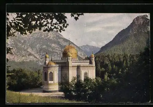 AK Ettal, Kgl.Schloss Linderhof mit Bergblick