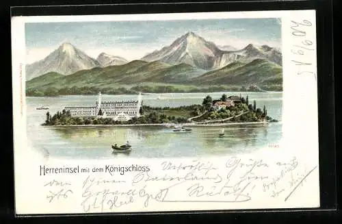 Künstler-AK Herreninsel, Ortsansicht mit Königschloss