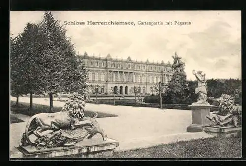 AK Schloss Herrenchiemsee, Gartenpartie mit Pegasus, Park d. Schlosses v. Ludwig II.