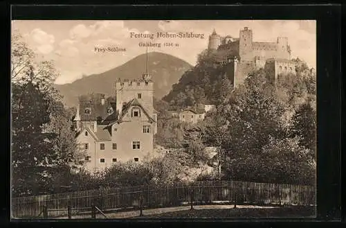 AK Salzburg, Ansicht von dem Frey-Schloss, vom Gaisberg und von der Festung Hohen-Salzburg