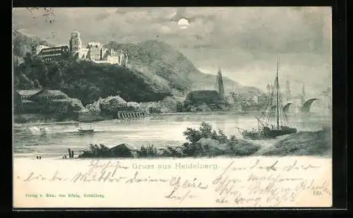 AK Heidelberg, Schloss Heidelberg mit Brücke bei Vollmond