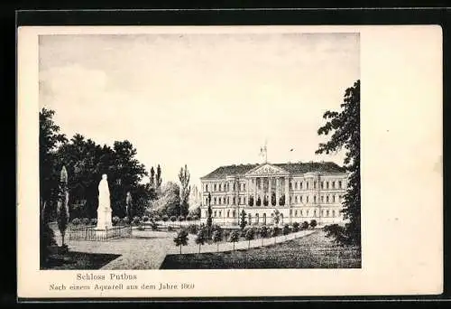 Künstler-AK Schloss Putbus mit Denkmal, um 1860
