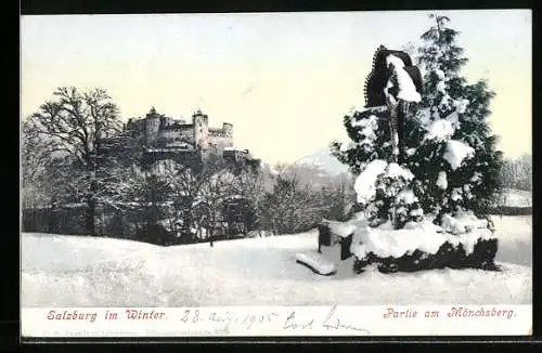 AK Salzburg, Feste Hohensalzburg, mit Partie am Mönchsberg im Winter