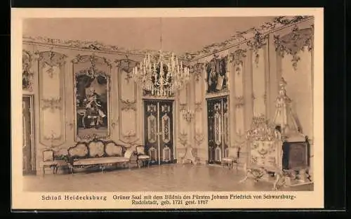 AK Rudolstadt, Schloss Heidecksburg, Grüner Saal mit Bildnis des Fürsten Johann Friedrich