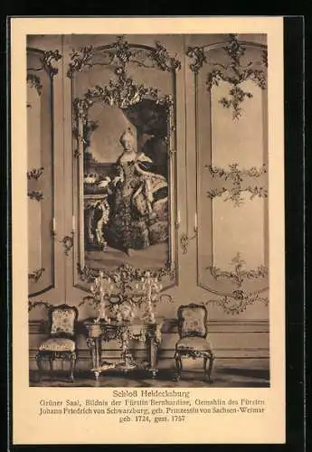 AK Schloss Heidecksburg, Grüner Saal mit Bildnis der Fürstin Bernhardine, Innenansicht