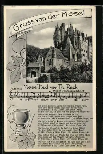 AK Wierschem, Burg Eltz, Weinglas, Mosellied von Th. Reck, Bahnpoststempel