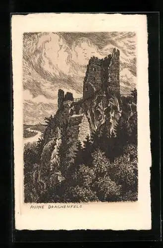 Künstler-AK Drachenfels, Blick auf die Burgruine