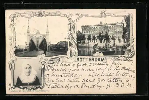 AK Rotterdam, Brücke, Grosses Gebäude, Holländerin in Tracht