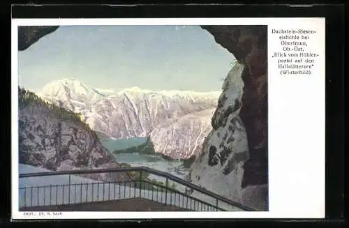 AK Dachstein-Rieseneishöhle, Blick vom Höhlenportal auf den Hallstättersee