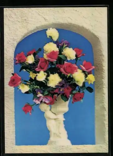 3D-AK Blumenstrauss mit Rosen und Nelken in weisser Vase