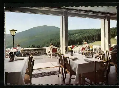 AK Bayerisch Eisenstein, Speiseraum und Terrasse des Sporthotels Brennes