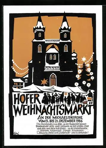AK Hof, Hofer Weihnachtsmarkt 1986, Michaeliskirche im Schnee