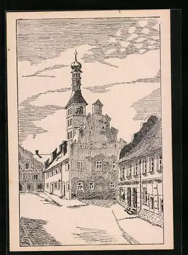 Künstler-AK Geiselhöring / Ndby., Strassenpartie mit Rathaus