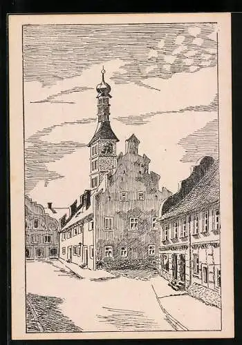 Künstler-AK Geiselhöring / Ndby., Strassenpartie mit Rathaus