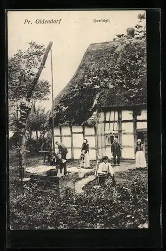 AK Preussisch Oldendorf, Dorfidyll, Arbeiten auf einem Hof