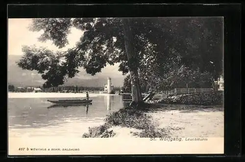 AK St. Wolfgang, Uferpartie mit Blick zum Leuchtturm