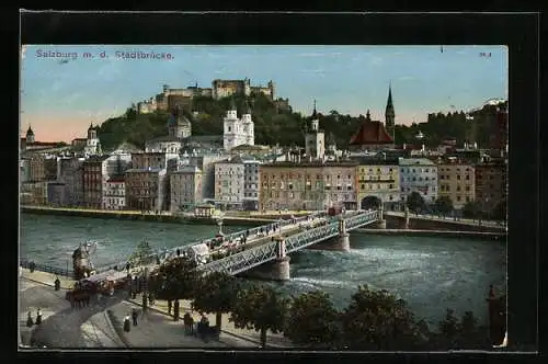 AK Salzburg, Ortsansicht mit der Stadtbrücke und der Festung