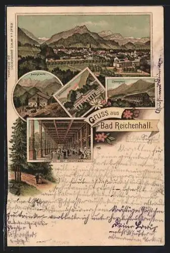 Lithographie Bad Reichenhall, Gradirhaus, Inneres der Colonnade, Zwieselalpe, Brunnkapelle