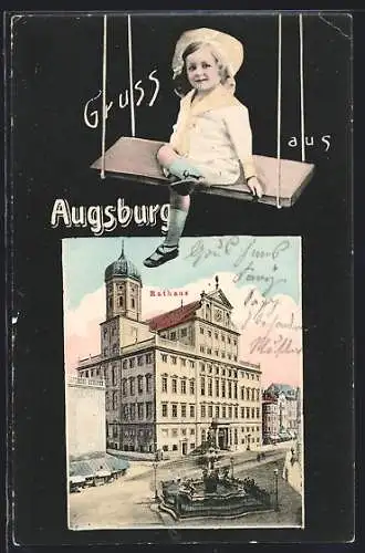 AK Augsburg, Rathaus, Passepartout mit Kind auf der Schaukel