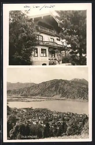 AK Tegernsee, Prächtiges Haus mit Balkonen, Panorama