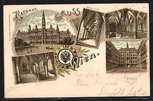 Lithographie Wien, Rathaus, Hofansicht, Arkaden im Hof