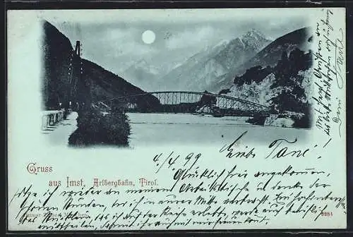 Mondschein-AK Imst /Arlbergbahn, Panorama mit Brücke