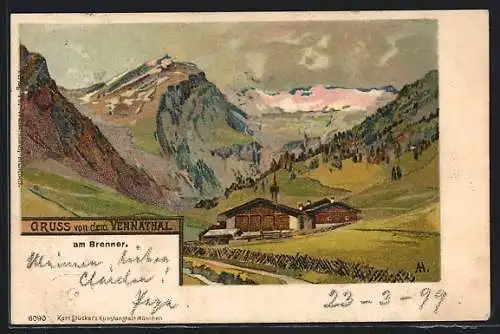 Lithographie Gries am Brenner, Hütte im Vennatal