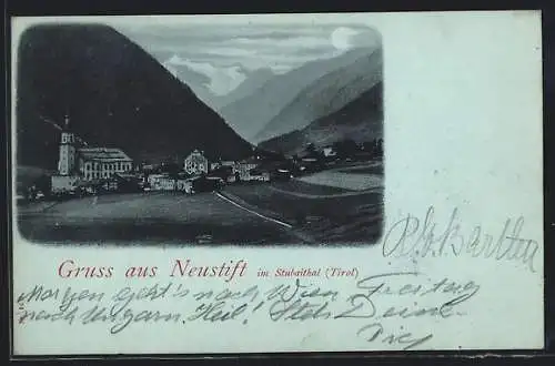 Mondschein-AK Neustift im Stubaithal, Ortspartie mit Kirche