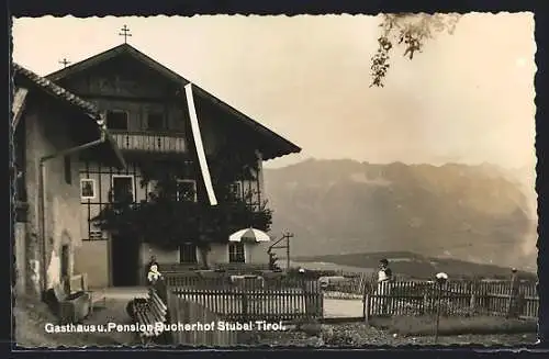 AK Mutters /Tirol, Ausserkreith im Stubai, Gasthaus und Pension Bucherhof G. Saischek