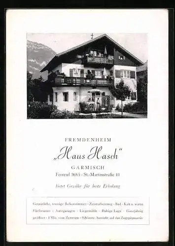 AK Garmisch, Hotel Haus Hasch, St. Martinstrasse 41