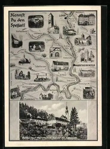 AK Mariabuchen, Kloster der Kapuziner, Landkarte vom Spessart