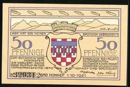 Notgeld Bad Honnef am Rhein 1921, 50 Pfennig, Honschaft Rommersdorf