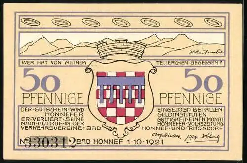 Notgeld Bad Honnef am Rhein 1921, 50 Pfennig, Honschaft Beuel & Selhof