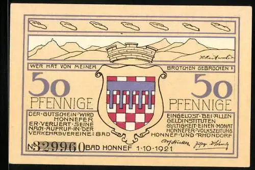 Notgeld Bad Honnef am Rhein 1921, 50 Pfennig, Die Honschaft Rommersdorf