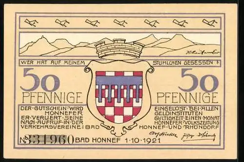 Notgeld Bad Honnef am Rhein 1921, 50 Pfennig, Blick nach Mülheim