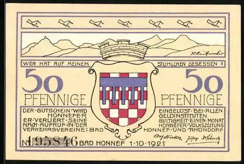 Notgeld Bad Honnef am Rhein 1921, 50 Pfennig, Wegpartie bei Mülheim