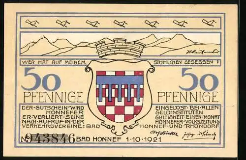 Notgeld Bad Honnef am Rhein 1921, 50 Pfennig, Mülheim gegen die Berge