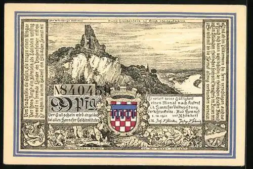 Notgeld Bad Honnef am Rhein 1921, 99 Pfennig, Die Ruine Drachenfels und Rhöndorf