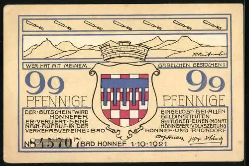 Notgeld Bad Honnef am Rhein 1921, 99 Pfennig, Alte Kapelle und Dorfeingang in Rhöndorf