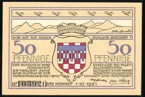 Notgeld Bad Honnef am Rhein 1921, 50 Pfennig, Blick auf Mülheim