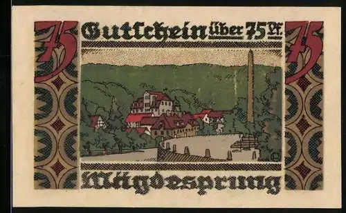 Notgeld Harzgerode 1921, 75 Pfennig, Ortsansicht bei Mägdesprung