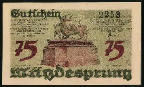 Notgeld Harzgerode 1921, 75 Pfennig, Ortsansicht bei Mägdesprung