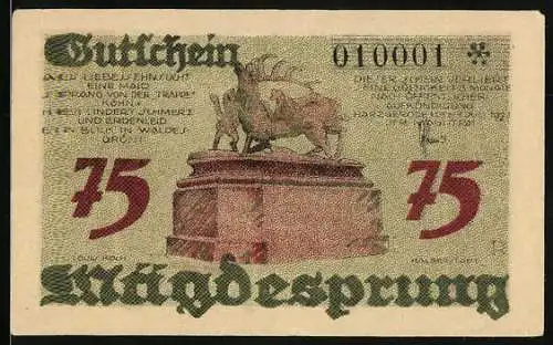 Notgeld Harzgerode 1921, 75 Pfennig, Wegpartie vor Mägdesprung