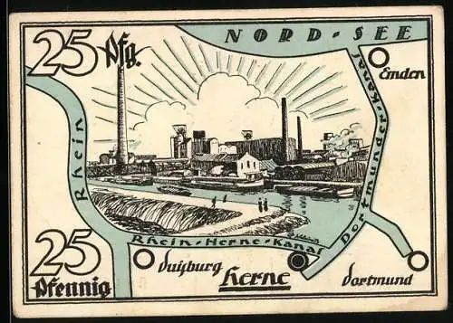Notgeld Herne i. W. 1921, 25 Pfennig, Rhein-Herne-Kanal und umgebende Gewässer