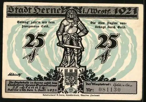 Notgeld Herne i. W. 1921, 25 Pfennig, Rhein-Herne-Kanal und umgebende Gewässer