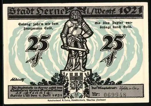 Notgeld Herne i. W. 1921, 25 Pfennig, Karte der Umgebung, Rhein-Herne-Kanal