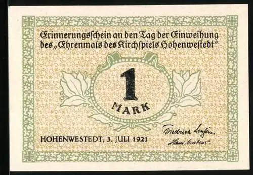 Notgeld Hohenwestedt 1921, 1 Mark, Partie am Denkmal