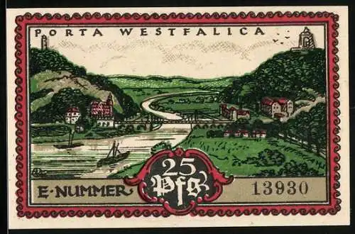 Notgeld Hausberge a. d. Weser 1921, 25 Pfennig, Panorama bei Porta Westfalica