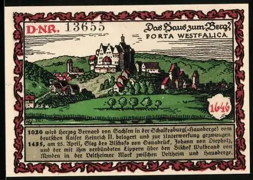 Notgeld Hausberge a. d. Weser 1921, 50 Pfennig, Ortsansicht bei Porta Westfalica, Kaiser Heinrich II.