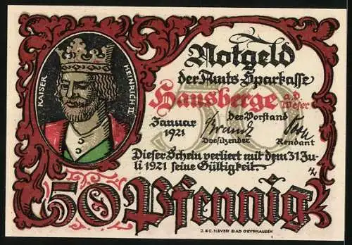 Notgeld Hausberge a. d. Weser 1921, 50 Pfennig, Ortsansicht bei Porta Westfalica, Kaiser Heinrich II.